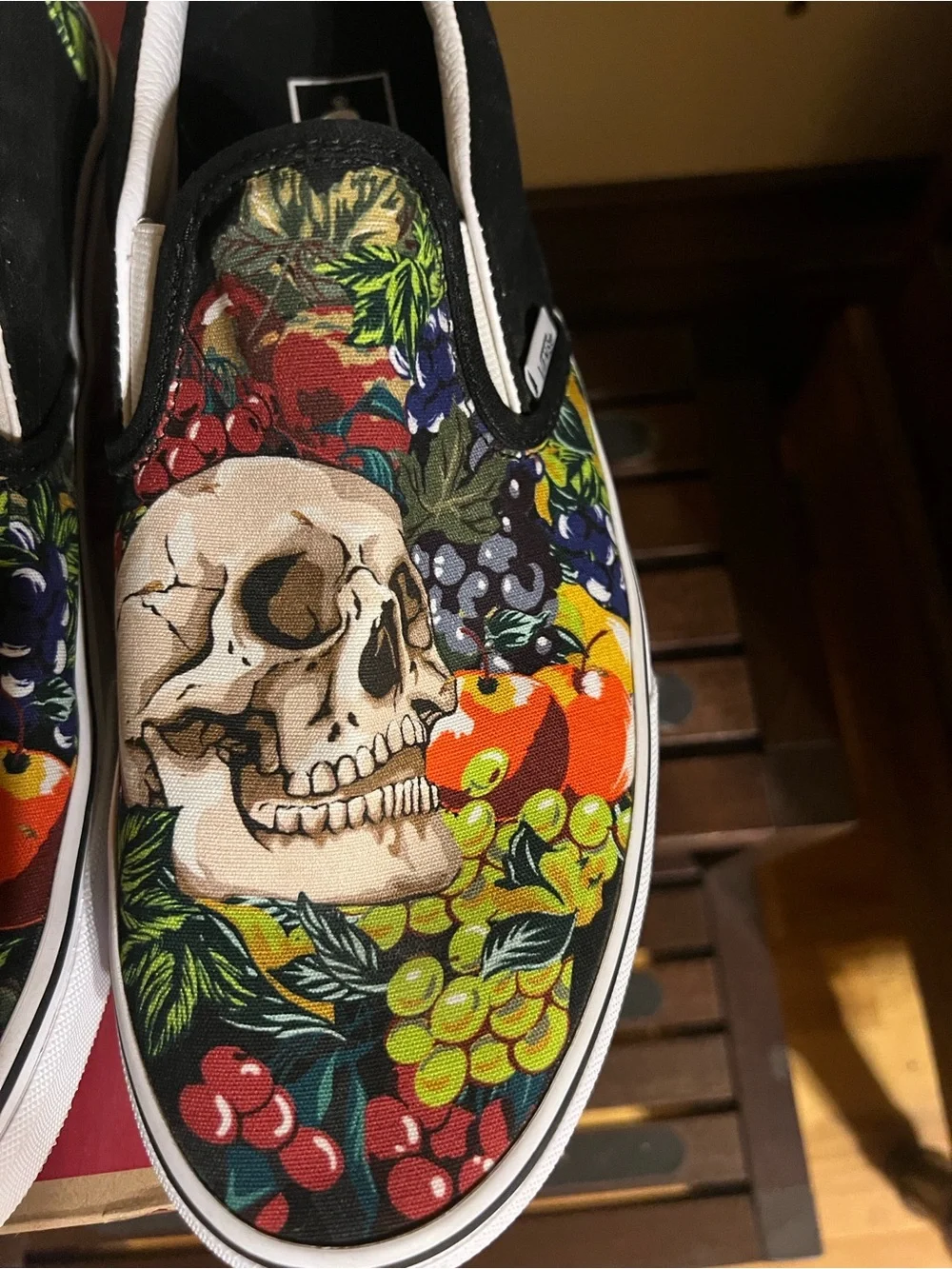 Unique Vans Black Canvas Slip-On with Colorful Skull & Fruit Print